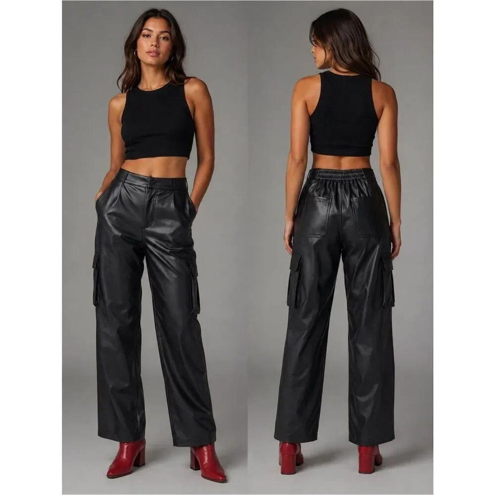 Urban Outfitters Black Faux Leather Wide Leg Cargo Pants
